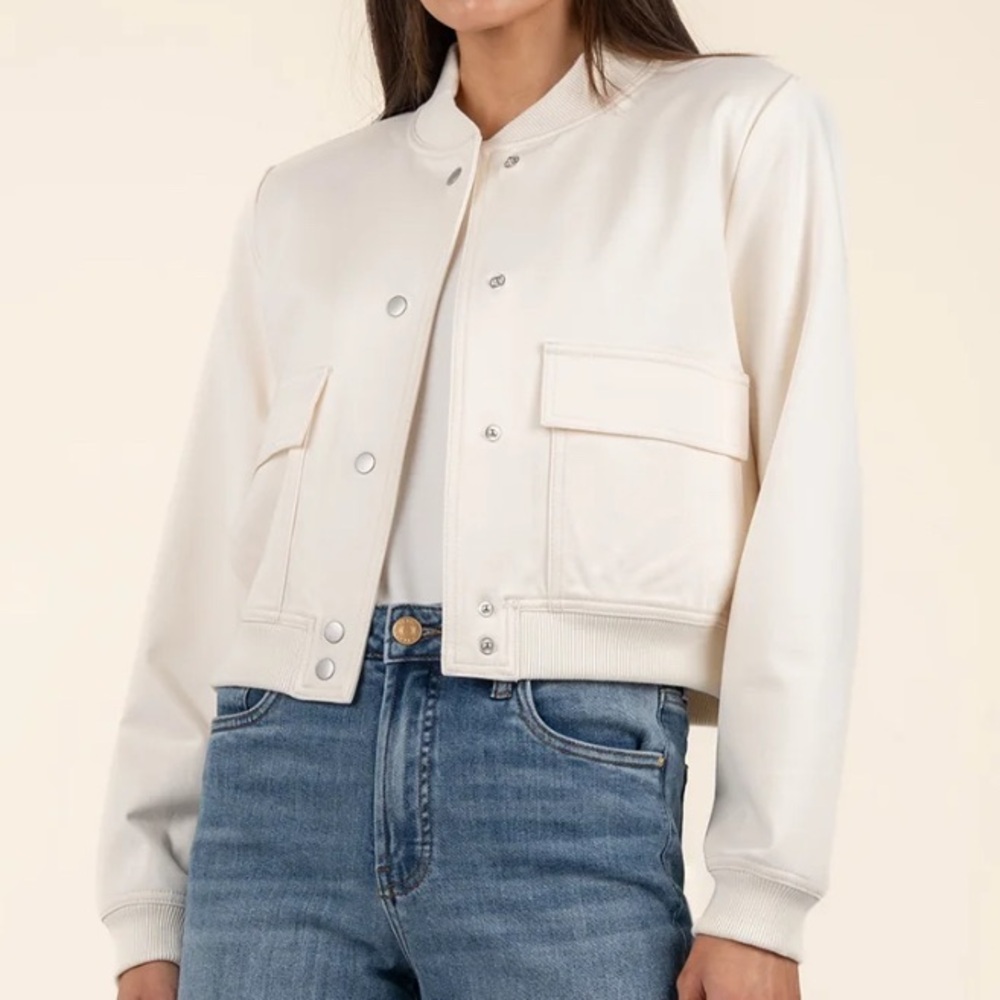 NWT! White Cropped Bomber Jacket - Size: M